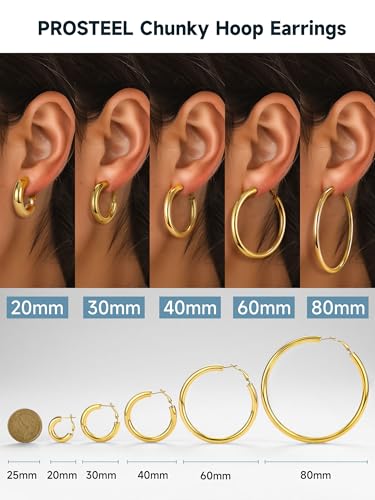 Stainless Steel Chunky Hoop Earrings For Women, Minimalist and Chic, Black/Gold Plated, Round Hoops Earrings Hypoallergenic, Size: 30mm/40mm/60mm/80mm, Come with Box - color: 1. Gold, size: 20MM