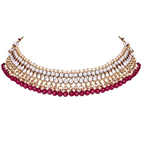 Aheli Faux Kundan Beaded Necklace Earrings Maang Tikka Indian Bollywood Ethnic Jewelry Set Gift for Women - color: Maroon