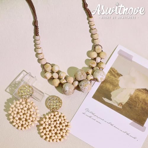 2 Pcs Hippie Boho Colorful Ceramic Beaded Necklace and Earrings Set for Women Adjustable Chunky Round Beads Strand Statement Necklace Colorful Summer Beaded Earrings Bohemian Jewelry Gift - color: Beige