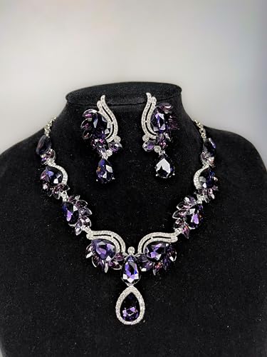 Women Jewelry Set Rhinestone Crystal Bride Statement Choker Necklace Teardrop Cluster Dangle Earrings Set for Wedding Prom Party - color: Violet