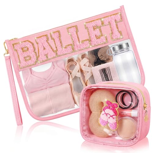 Hillban 2 Pcs Ballet Gifts Chenille Letter Bags Makeup Cosmetic Bags Toiletry Travel Flat Pouch Preppy Patch Clear Purse PVC Waterproof Organizer Storage Case Gifts for Team Girls Women - style: Ballet Theme