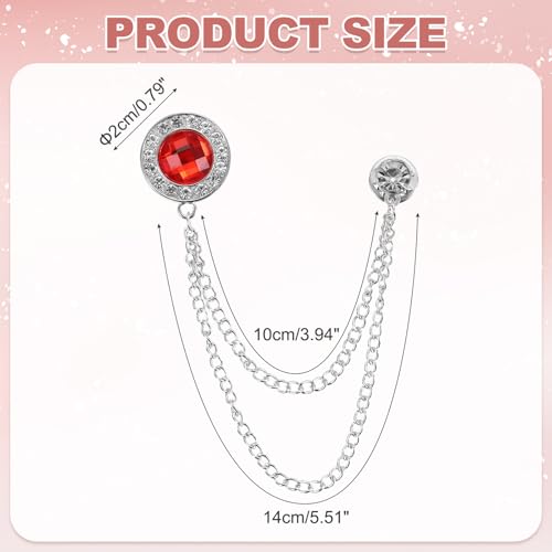PATIKIL Gem Chain Brooch Pins, Hanging Chain Brooch Suit Pin Tassel Chain Round Crystal Badge Lapel Collar Pins for Men Shirts - color: Silver Tone(Red)