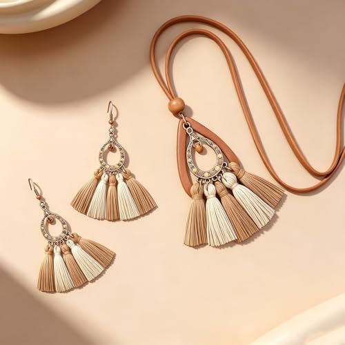 Wooden Leather Necklaces Set Bohemian Wood Stack Discs Long Chain Hemp Rope Bronze Plated Pendant Ethnic Tribal Fall Leaf Earrings Jewelry Statement Necklace - color: R-039