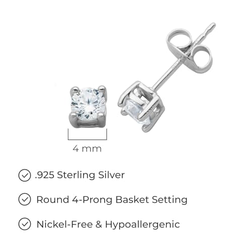 Amazon Essentials Plated Sterling Silver Cubic Zirconia Stud Earrings (Round & Princess) - color: White/Platinum, size: 4 mm, style: Round Cut