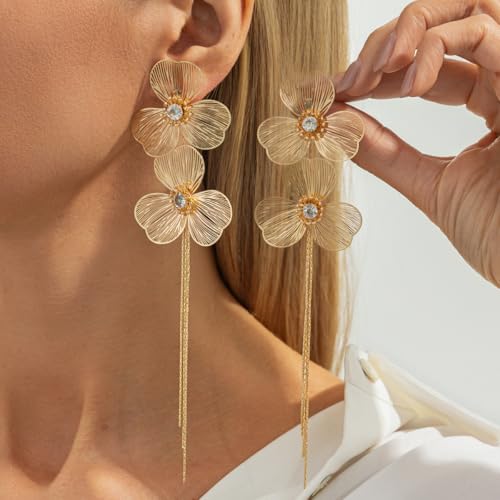 Boho Gold Flower Drop Dangle Earrings for Women Rhinestone Floral Leaf Chandelier Earring Layered Long Tassel Statement Floral Earring Prom Brides Wedding Party Fashion Jewelry Accessary - color: Gold