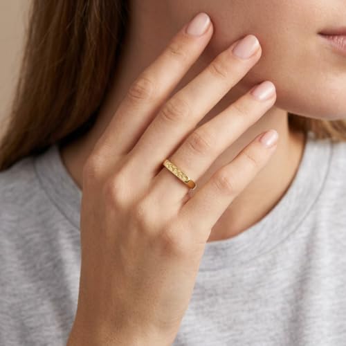 YeGieonr 14K Gold Plated Signet Rings for Women Non Tarnish 925 Sterling Silver Dainty Stackable Gold Ring, Waterproof Engraved Flower Thin Band Unique Everyday Jewelry Gift - color: 14K Gold Plated
