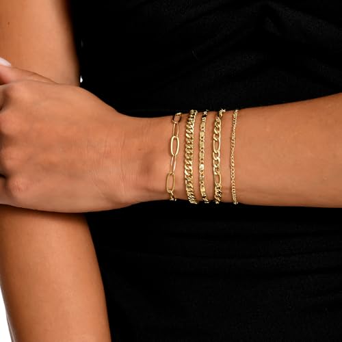 Dainty Gold Bracelets for Women, 14K Gold Plated Stackable Bracelet Set, Adjustable Beaded Cuban Paperclip Herringbone Figaro Snake Rope Chain Jewelry - style: Set3 Gold 5Pcs