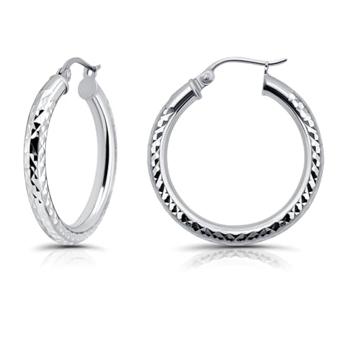 Hoops & Loops 925 Sterling Silver Diamond-Cut Round Hoop Textured 3mm Click-Top Earrings for Women, Slver, Two-Tone 14K Yellow Gold Flash Plate 15/20/25/30/35/40/45/50mm Hoops - color: Silver, size: 20mm (0.78'')