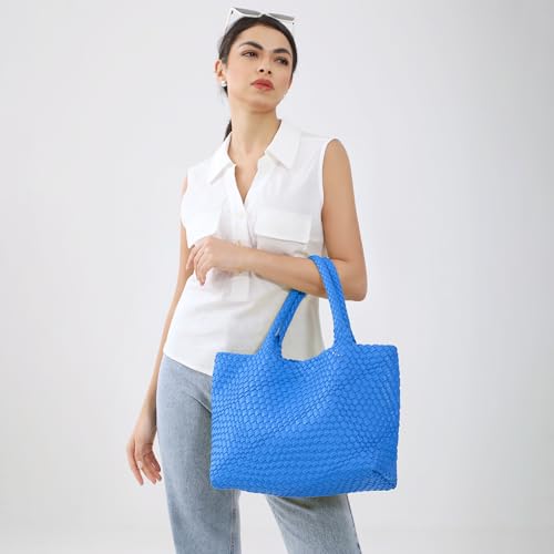 Woven Tote Bag Womens Purse Vegan Leather Shoulder Handbags Fashion Summer Beach Tote Bags Large Travel Totes - color: Klein Blue