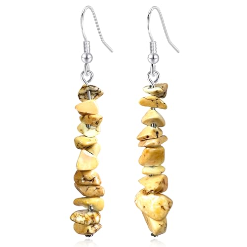 Handmade Bohemian Vintage Silver Nature Stone Beads Long Dangle Drop Earrings for Women - color: Bright Yellow