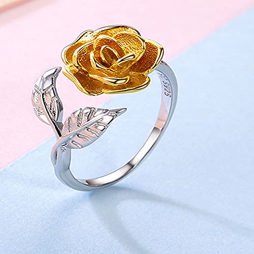 U7 Rose Flower Ring, Stackable Band Ring for Women Girls, Platinum Silver/Gold/Rose Gold Red Signet Rings Adjustable Fit Size 5 to 10 - color: Yellow Rose-925 Silver