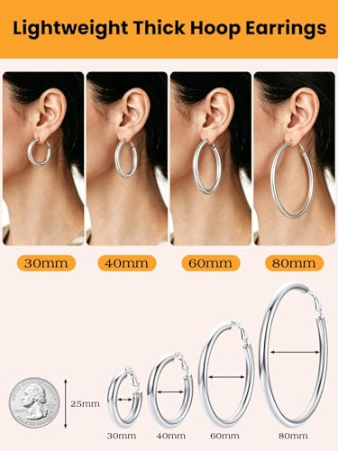 Bestyle 5mm Thick Gold Hoop Earrings Hypoallergenic Hoops for Sensitive Ears Trendy Lightweight Chunky Earrings for Women 30/40/60/80mm - color: 01-Silver, size: 40mm
