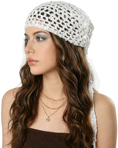Ababalaya Crochet Cotton Head Scarf Boho Hollow Out Triangle Scarf with Shiny Sequin Y2K Hair Scarf - color: White