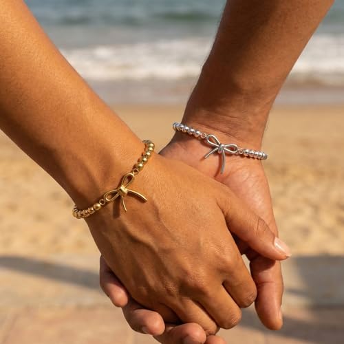 Matching Bracelets for Couple,Gold Silver Beaded Heart Couples Bracelets,Raomantic Relationship Promise Jewelry Gifts for Her - color: Bow