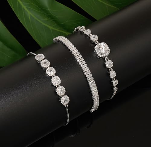 Tennis Bracelet for Women Cubic Zirconia Bracelets Adjustable Slider Bracelets - color: Silver 01
