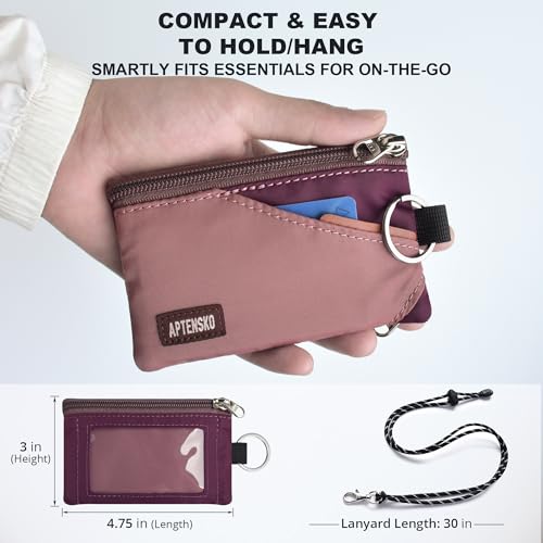 RFID Blocking Travel Wallet with Adjustable Lanyard, Small Nylon Zipper Pouch and Badge Holder for ID, Credit Cards, Cash, Keys, Commuters (Mauve+Plum Wine) - color: Mauve+Plum Wine