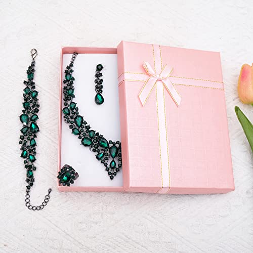 CSY 4 Pcs/Set Austrian Crystal Necklace Earrings Bracelet Ring Bridal Jewelry Sets for Brides Wedding Party Costume Accessories Gifts for Women - color: emerald--black tone