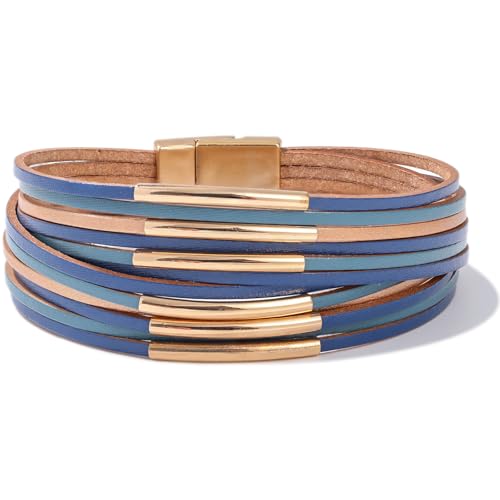 FANCY SHINY Boho Leather Bangle Bracelets Stackable Noodle Tube Bracelets Layered Wrap Cuff Bracelets with Magnetic Clasp - color: Blue