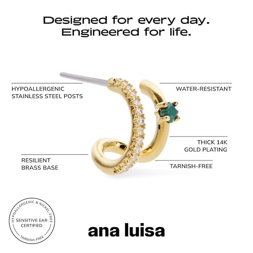 Ana Luisa Double Hoop Earrings for Women - 14K Gold Plated & Silver Rhodium Huggie Hoops - Hypoallergenic, Water-Resistant, Tarnish-Free, Small, Dainty & Trendy Two Hoop Earring Styles for Daily Wear - color: Gold & Malachite, size: Small