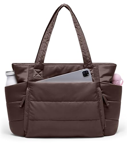 Tote Bag for Women with Zipper, Quilted Puffer Tote Bag with Compartments, Lightweight Puffy Work Bags for Women Travel - color: Dark Brown