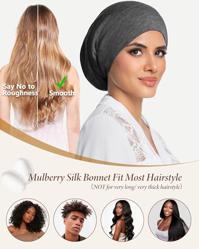 100% Mulberry Silk Bonnet for Sleeping Women Men, Real Silk Lined Bonnets for Curly Hair, Braid Sleep Cap Black Womens - color: Dark Gray