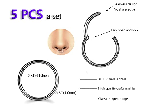 5Pcs 16G 18G Surgical Steel Nose Rings Hoop Tragus Septum Cartilage Hoop Earrings For Women Men Body Piercing Jewelry Kit Bar Length 6mm/8mm/10mm/12mm/14mm - style: 5Pcs -18G - Black - 8mm