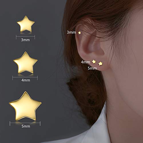 3 Pairs 925 Sterling Silver Star Stud Earrings for Women,Tiny Simple Geometric Stud Earrings Set Small Hypoallergenic Cartilage Tragus Ear Jewellery for Men (3/4/5mm) - color: 02 Gold-3Pairs-3/4/5mm