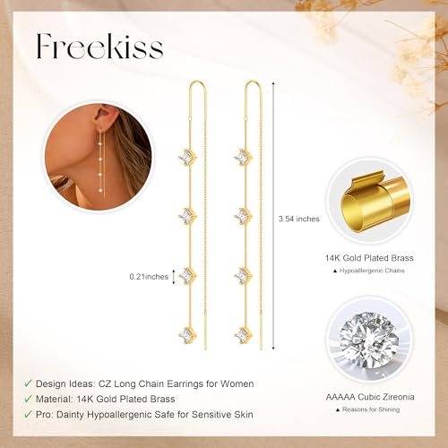 Freekiss Gold Chain Studs Earrings for Women Trendy: Hypoallergenic 14K Gold Plated Dangle Earrings Dainty Small Long Chain Earring Set Fashion Gold Jewelry for Women - style: 4 Diamond-GD