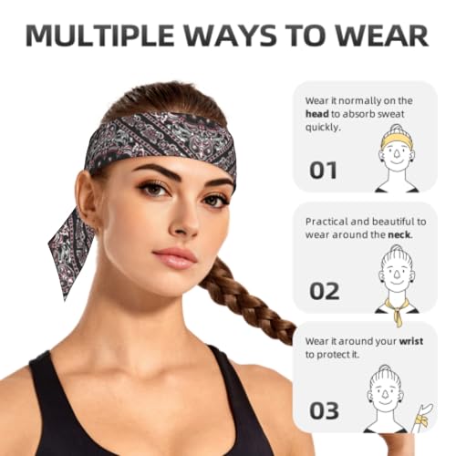 Sports Tie Headband Bandana Running Athletic Sweat Band Elastic Adjustable Sport Head Tie for Men Women Head Ties Ninja Tie Headbands Tennis Sweatbands Soccer Basketball Teams Running Head Band - color: black print