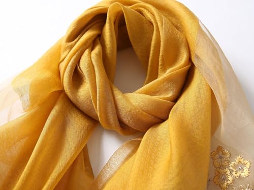 Jeelow Silk Blend Floral Fashion Scarf Shawl Wrap Lightweight Sheer For Women Floral Embroidery Wedding Party Prom - color: Petal Golden Honey