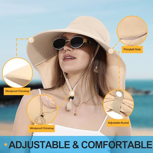 LA CARRIE Women Sun Hats Breathable Wide Brim UV Protection UPF 50+ with Neck Flap Hat for Summer Beach - color: Khaki