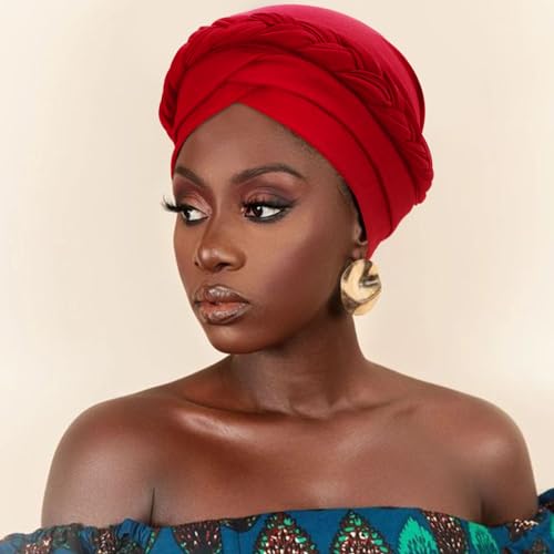 African Women Turban Caps Beanie Pre-Tied Twisted Braids Headwraps for Women Head Scarf Chemo Cancer Headwear Cap - color: 3 Pack Twisted Braid: White, Red, Black