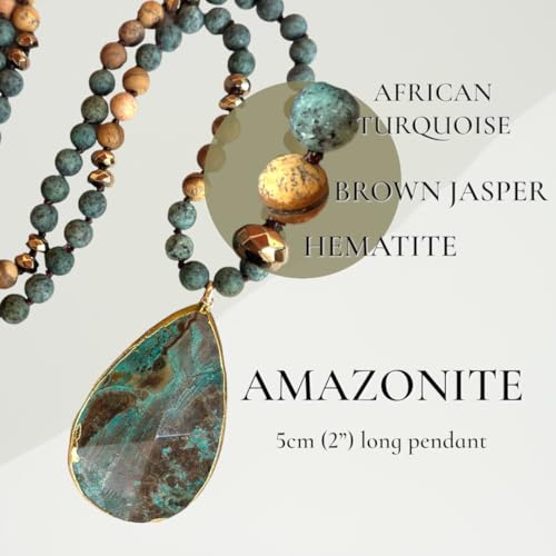 Long Genuine Stone beads and Pendant Necklace for Woman. Hand Knotted natural stone beads with big non-precious stone statement necklace. HANDMADE Boho Jewelry for women. - color: Turquoise Green