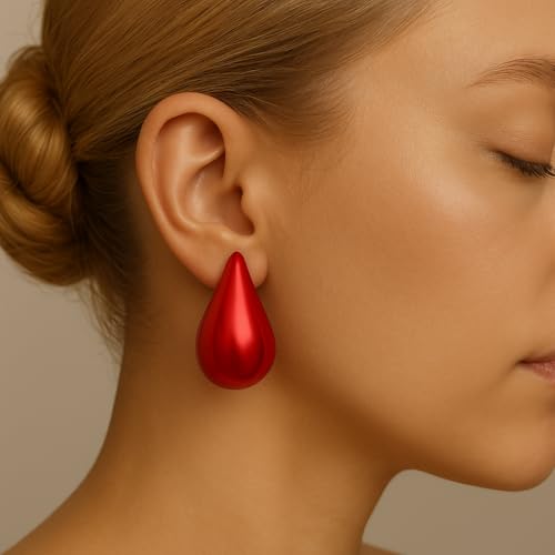 14K Gold Clip On Earrings Women,Teardrop Chunky Detachable Hoop Clip-On Earrings for Non Pierced Ears Hypoallergenic Lightweight Earring Clips - color: Red