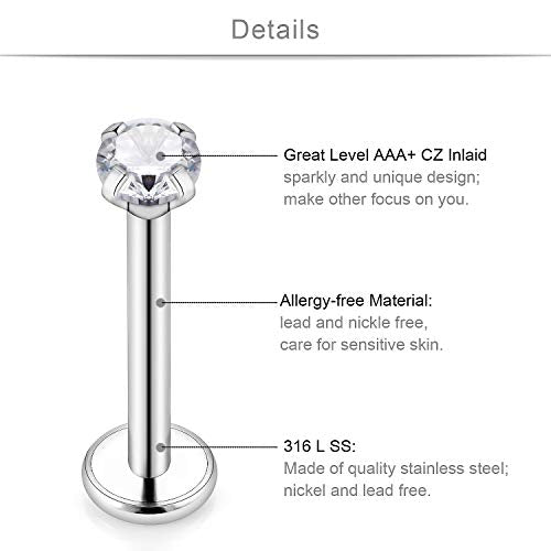 SCERRING 6 Pairs 14G Stainless Steel Clear CZ Internally Threaded Labret Monroe Lip Tragus Cartilage Helix Earring Ring Body Piercing Jewelry 6-10mm - style: 6mm Silver