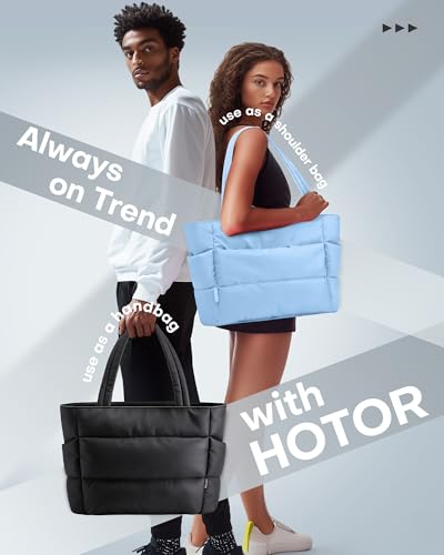 HOTOR Puffer Tote Bag for Women, Nurses - Multi-Pocket Lightweight Bag for Work - Quilted Handbag for Travel and Gym - color: Light Blue, size: 18.1" × 6.3" × 11.8"