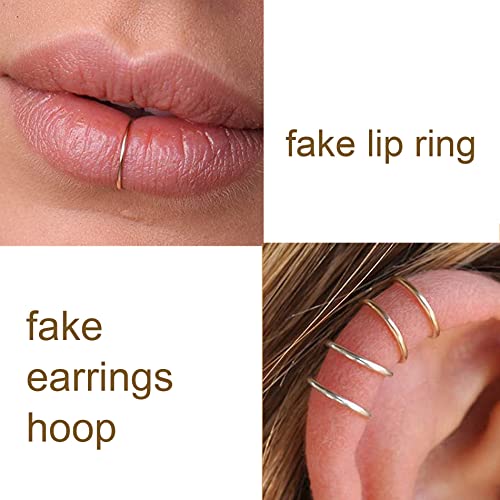 MODRSA Fake Nose Stud Fake Nose Ring Stud Fake Nose Piercing Fake Lip Ring Fake Earrings Stud Silver Gold Fake Cartilage Helix Earring Clip on Earring Hoop Fake Eyebrow Ring Fake Bridge Piercing - color: C1-hoops- silver gold