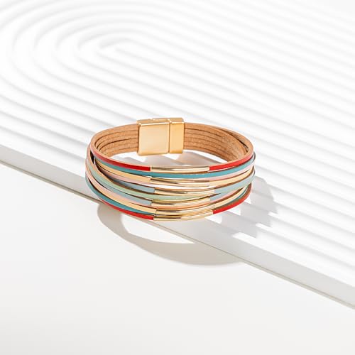 FANCY SHINY Boho Leather Bangle Bracelets Stackable Noodle Tube Bracelets Layered Wrap Cuff Bracelets with Magnetic Clasp - color: Colorful