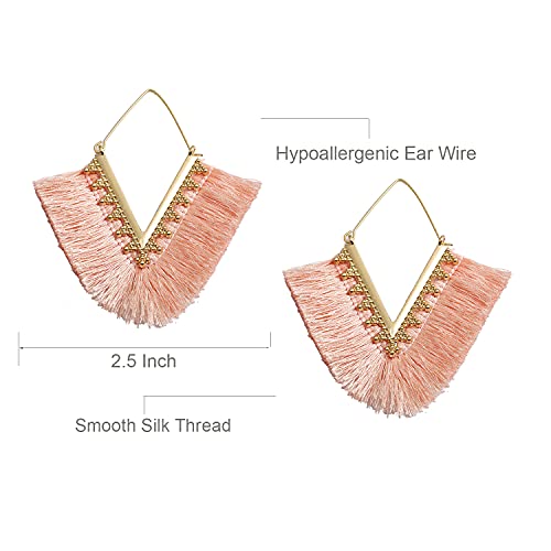 Tassel Hoop Earring Statement Thread Dangle Earrings Stylish Long Fringe Drop Earrings Lightweight Long Swingy French Hook Earrings for Women - color: A Pink