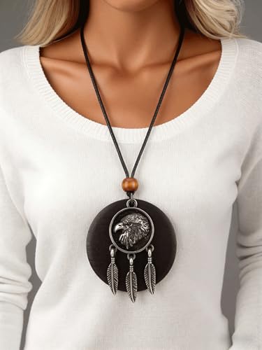 PU Leather Necklace Vintage Boho Style Multilayer Pendant Long Sweater Necklace Jewelry for Women Men with Adjustable Leather Cord - color: Round Eagle Head Feather Wood Necklace