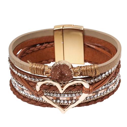 Leather Wrap Bracelet for Women, Boho Cuff Bracelet with Strong Clasp, Multi-Layer Crystal Leather Bracelet for Valentine Mother's Day - color: 01-Heart-Brown