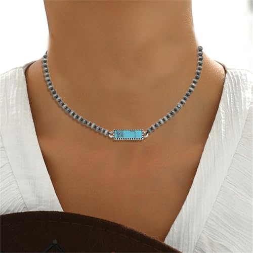 coadipress Navajo Pearl Necklace Western Jewelry for Women Boho Beaded Choker Necklaces Vintage Turquoise Pendant Cowgirl Necklace - style: Square