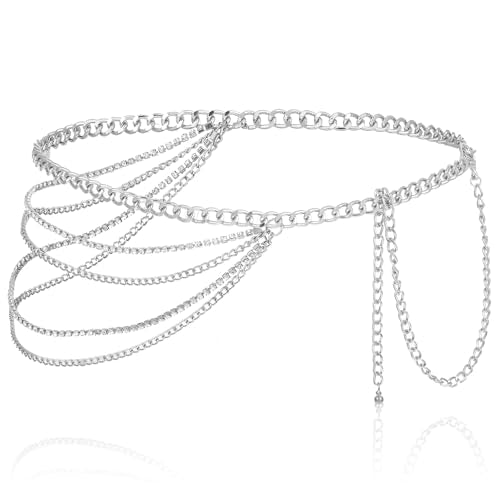 Andibro Silver Waist Chain Belt for Women, Multilayer Sparkly Rhinestones Belly Waist Belts Plus Size Waist Chain Belt