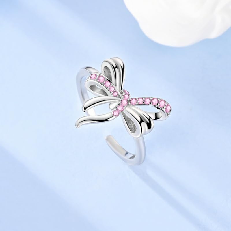 PARCOM Adjustable Women Stackable Ring, 925 Sterling Silver Open Rings - Trendy Eternity Cubic Zirconia Stackable Band Engagement Promise Ring for Her, Hypoallergenic Non Tarnish Nature Bird Floral Thumb Rings - color: Pink Bow