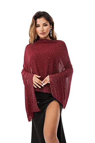 Shawls and Wraps for Evening Dresses Sheer Chiffon Women Elegant Soft Silky Sparkly Wedding Bridal Scarf - color: Burgundy C