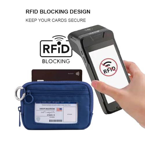 Wristlet Wallet for Women Mini Zip Card Case with Clear ID Window Zipper Coin Purse Lightweight Portable Keychain Wallet - color: Darkbule