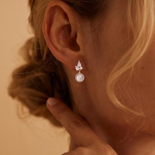 Pearl Earrings for Women, Dainty Wedding Bridal Earrings 14k Gold Plated CZ Pearl Drop Earrings for Women Trendy Hypoallergenic Unique Gold Drop Earrings Fashion Prom Jewelry - color: Gold-C