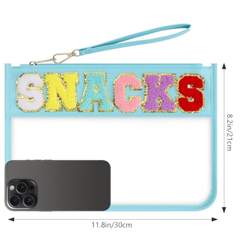 Clear Snack Bag for Travel, Chenille Letter Clear Zipper Snacks Pouch Nylon Cosmetic Bag Makeup Travel Bag for Women - color: Blue
