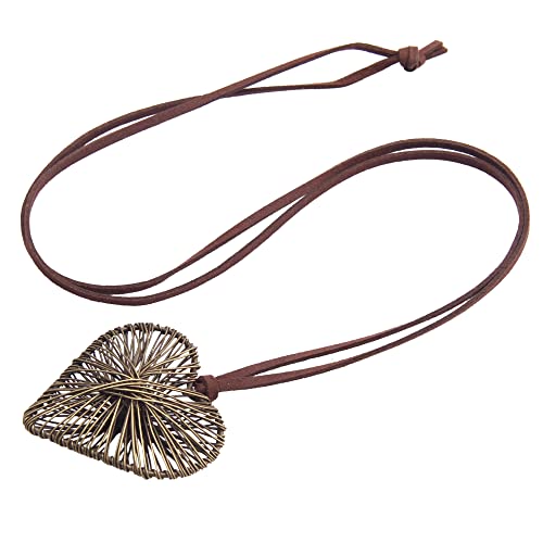 GelConnie Leather Cord Necklace Chain Multilayer Wooden Pendant Necklaces Vintage Jewelry Boho Long Sweater Necklace for Women Men - color: Brown Heart Necklace