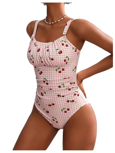 BEAUDRM Women's Boho Floral Print One Piece Swimsuit Y2K Bathing Suits Swimwear Beachwear - color: Pink Cherry, size: Small